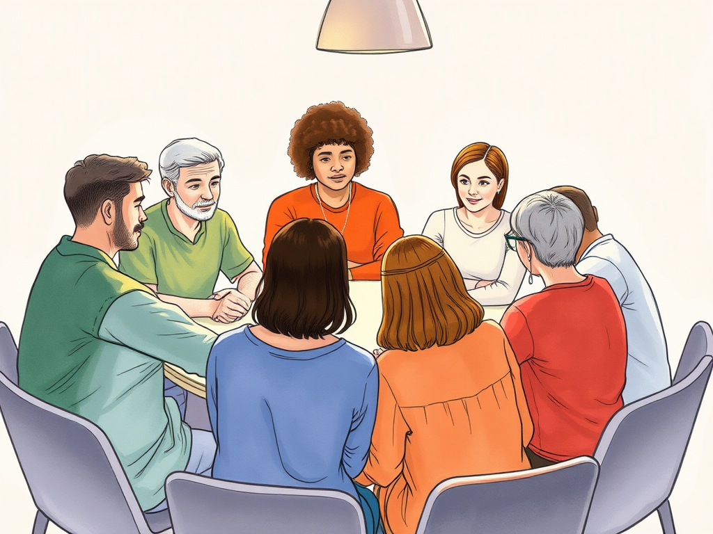 drawing of group support, sitting together around table 7 people
