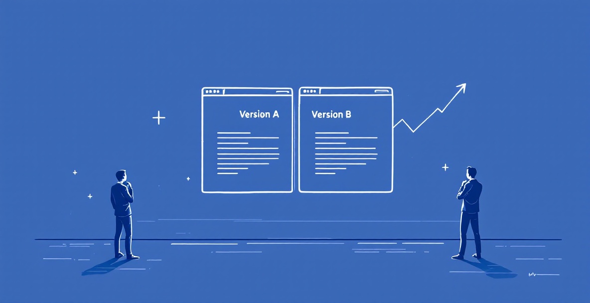 Minimalistic sketch of A/B testing setup with split-screen webpages and analytical figures.