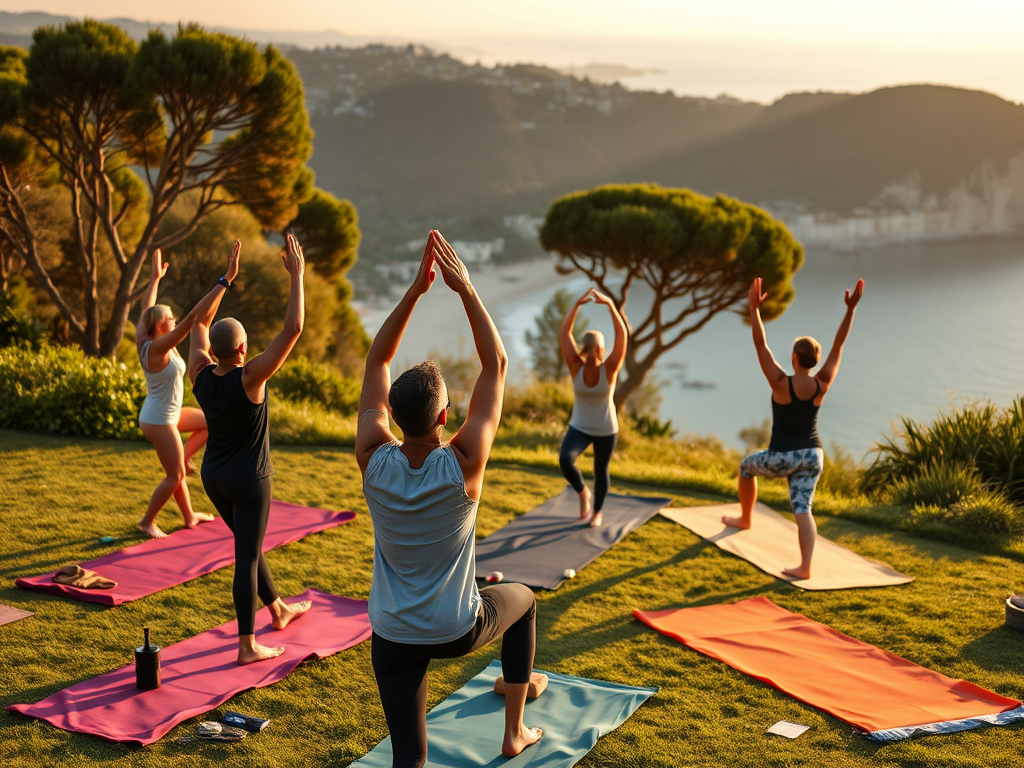 Create a realistic image of a serene outdoor yoga session in Portugal with a diverse group of 5-6 people (mix of white, black, and Asian, both male and female) practicing different yoga poses on colorful mats, surrounded by lush greenery and overlooking a beautiful coastal view, with a gentle sunset in the background, creating a warm and inviting atmosphere.