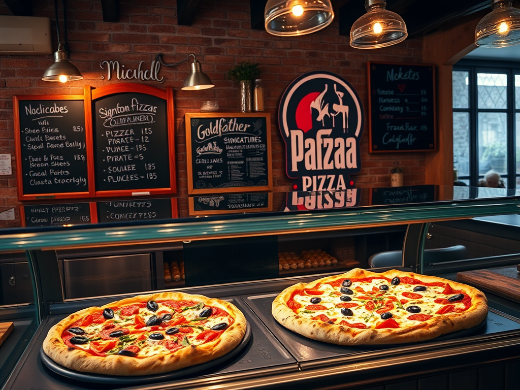 Create a realistic image of a rustic pizzeria interior with a display case showcasing various signature pizzas, including a Godfather-themed pizza with Italian meats and olives. A chalkboard menu lists pizza options, and the restaurant's logo featuring "Godfather Pizza" is visible on the wall. Warm lighting illuminates the scene, creating an inviting atmosphere.