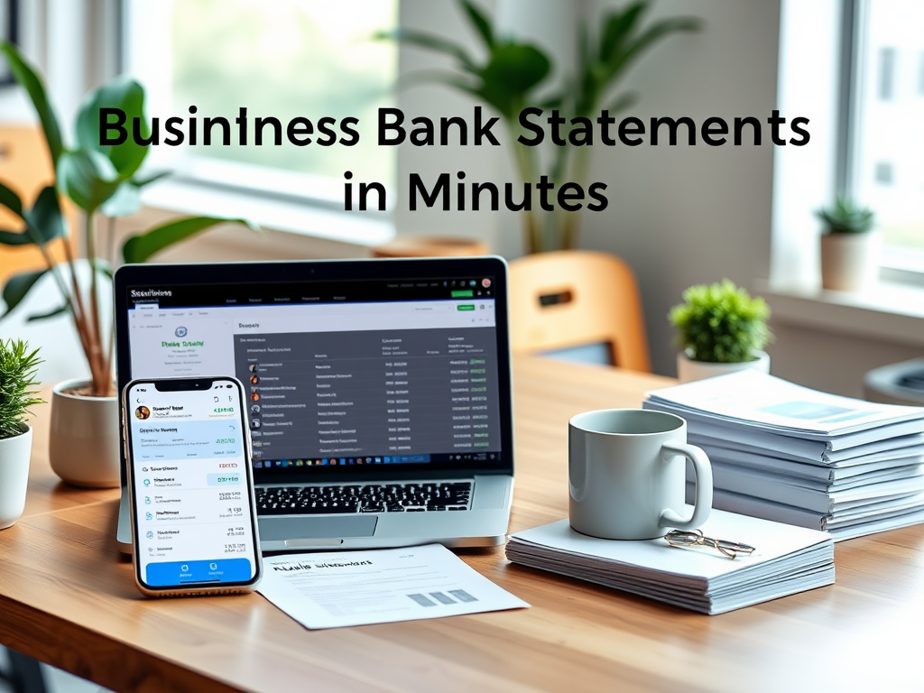 Create a realistic image of a modern office desk with a laptop displaying a digital bank statement, a smartphone showing a banking app, and a neat stack of paper statements nearby. Include a coffee mug and a plant for ambiance. The scene should be well-lit with natural light from a nearby window. Add the text "Business Bank Statements in Minutes" floating above the desk setup.