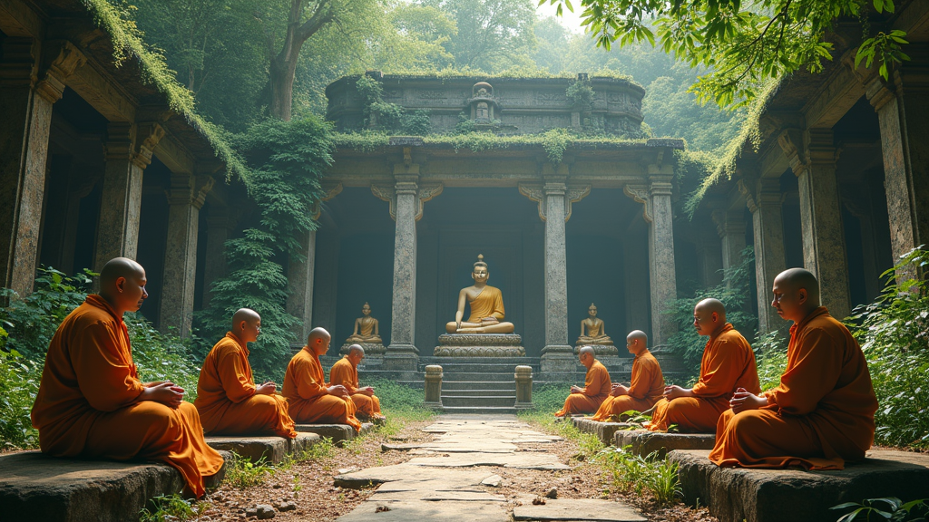 An ancient temple surrounded by lush greenery, where statues of various deities gather dust while monks sip tea, pondering the mysteries of eternity, all while being serenaded by a single, endless chant.