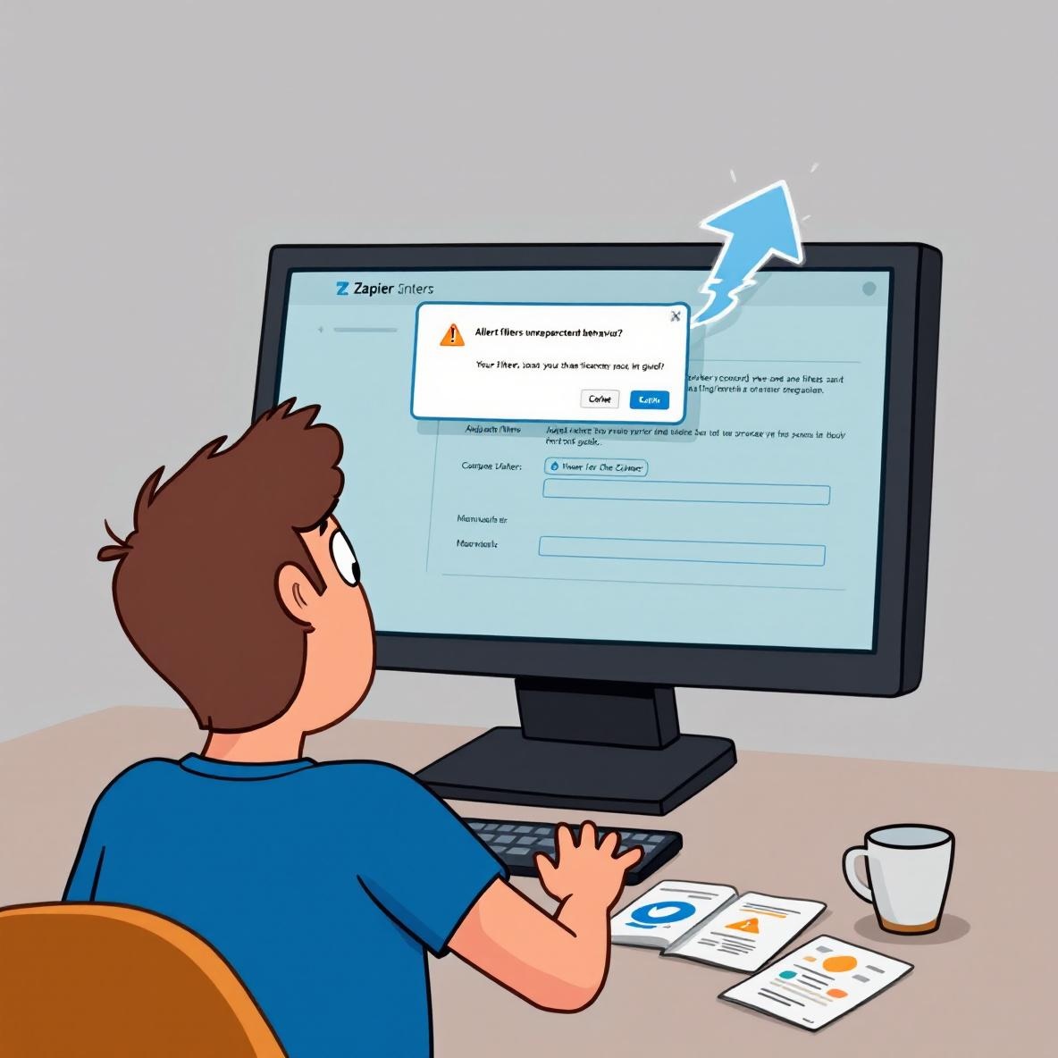 A puzzled user adjusting settings on the Zapier interface while an alert indicates unexpected filter behavior, surrounded by tech manuals.
