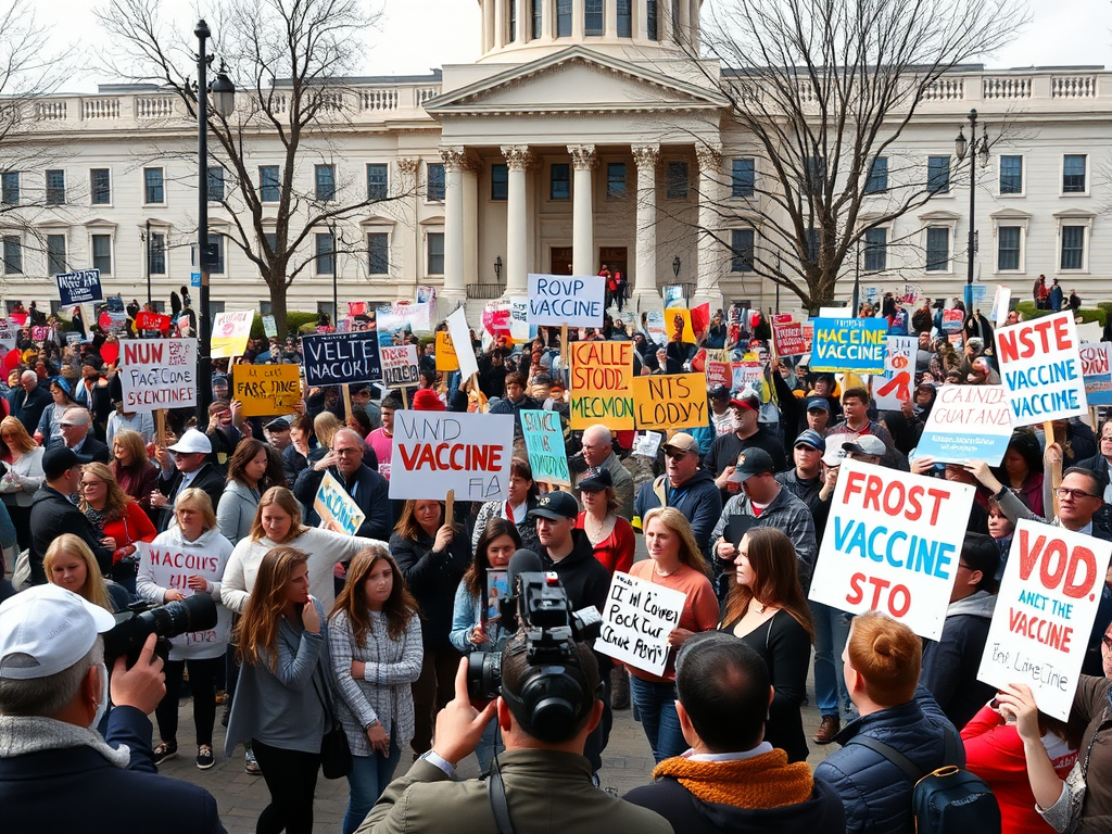 Create a realistic image of a busy town square with a diverse group of protesters holding signs with vaccine-related slogans, some pro-vaccine and some anti-vaccine, while news reporters with cameras interview participants, set against the backdrop of a government building, conveying a sense of tension and public debate.