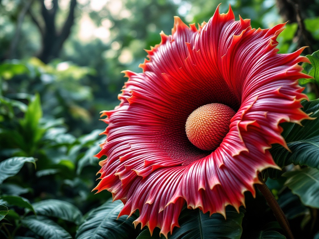 A photorealistic shot capturing a close-up of a Rafflesia Arnoldii flower, showing its massive size and intricate petal structure against a lush jungle background