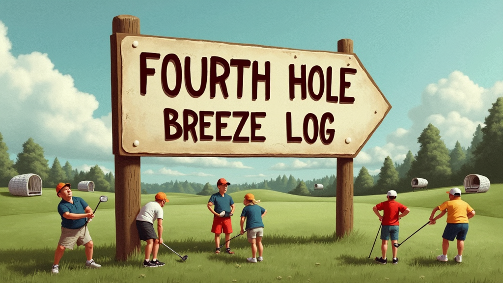 A quirky golf course sign that reads 'Fourth Hole Breeze Log', surrounded by confused golfers with wind tunnels in the background.