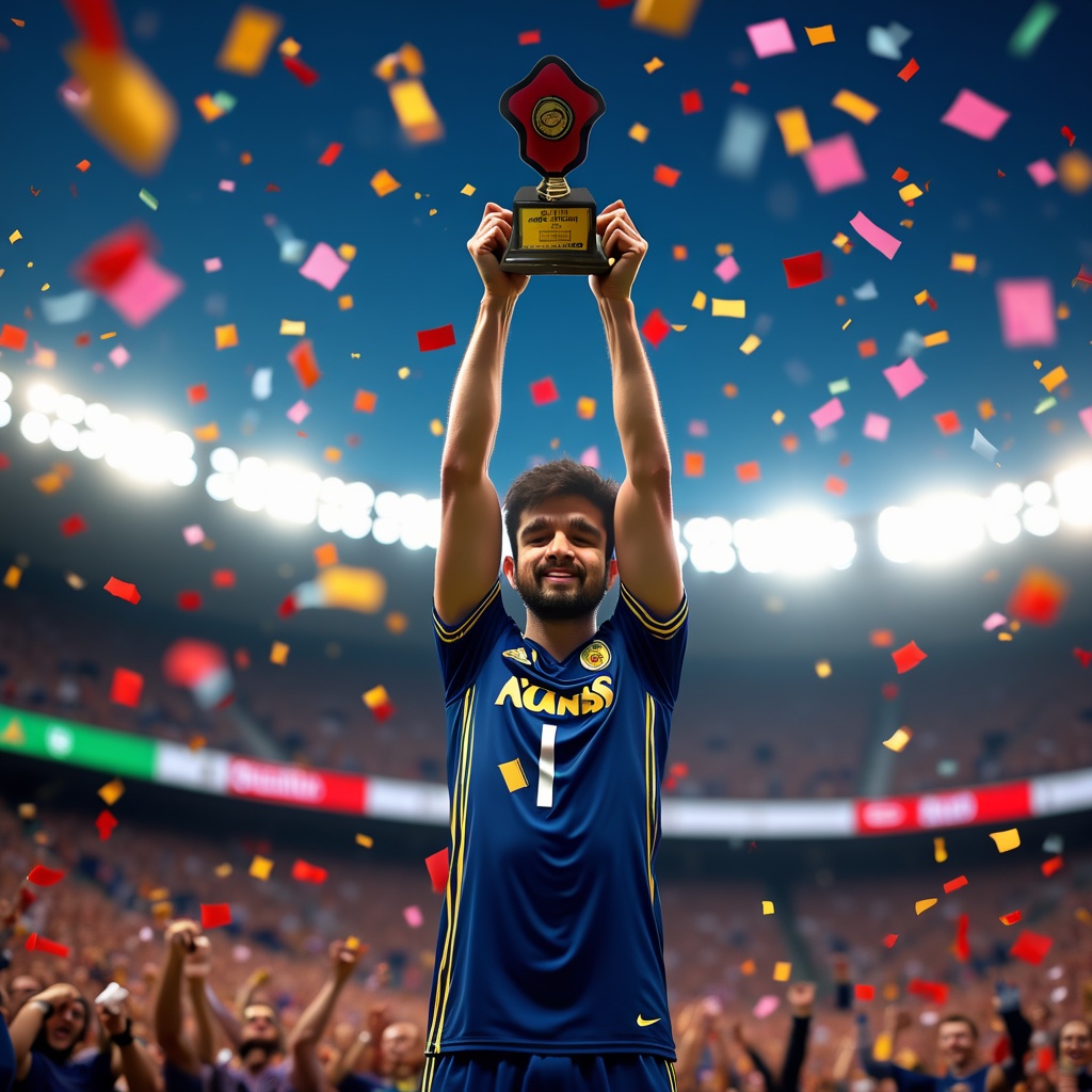 A hyperrealistic image of man <img><|image_1|></img> holding <img><|image_2|></img> high above his head His hands firmly grip it, stands proudly in a sports arena, surrounded by confetti and cheering fans in the background. The person's attire is a team jersey, adding to the celebratory atmosphere.