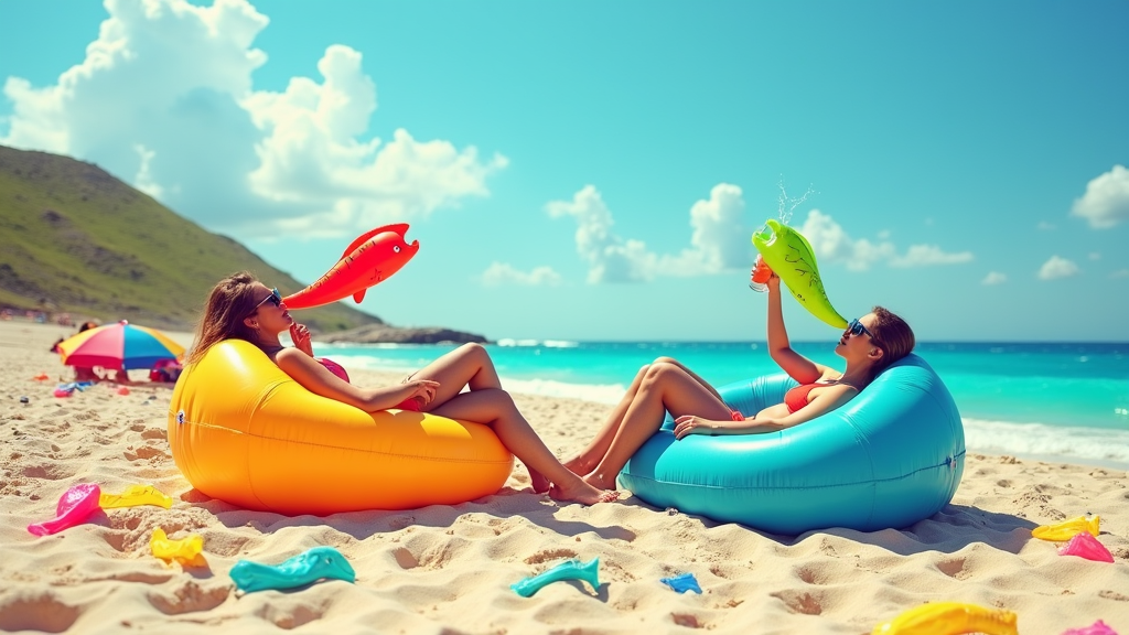 A sunny beach littered with colorful plastic waste, while sunbathers lounge on inflatable couches, sipping drinks out of oversized straws shaped like fish.