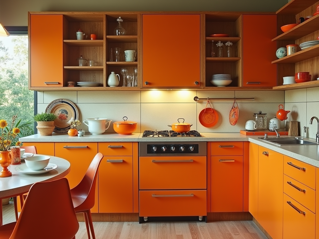 Chic Mid-Century Modern Kitchen with Vibrant Orange Accents