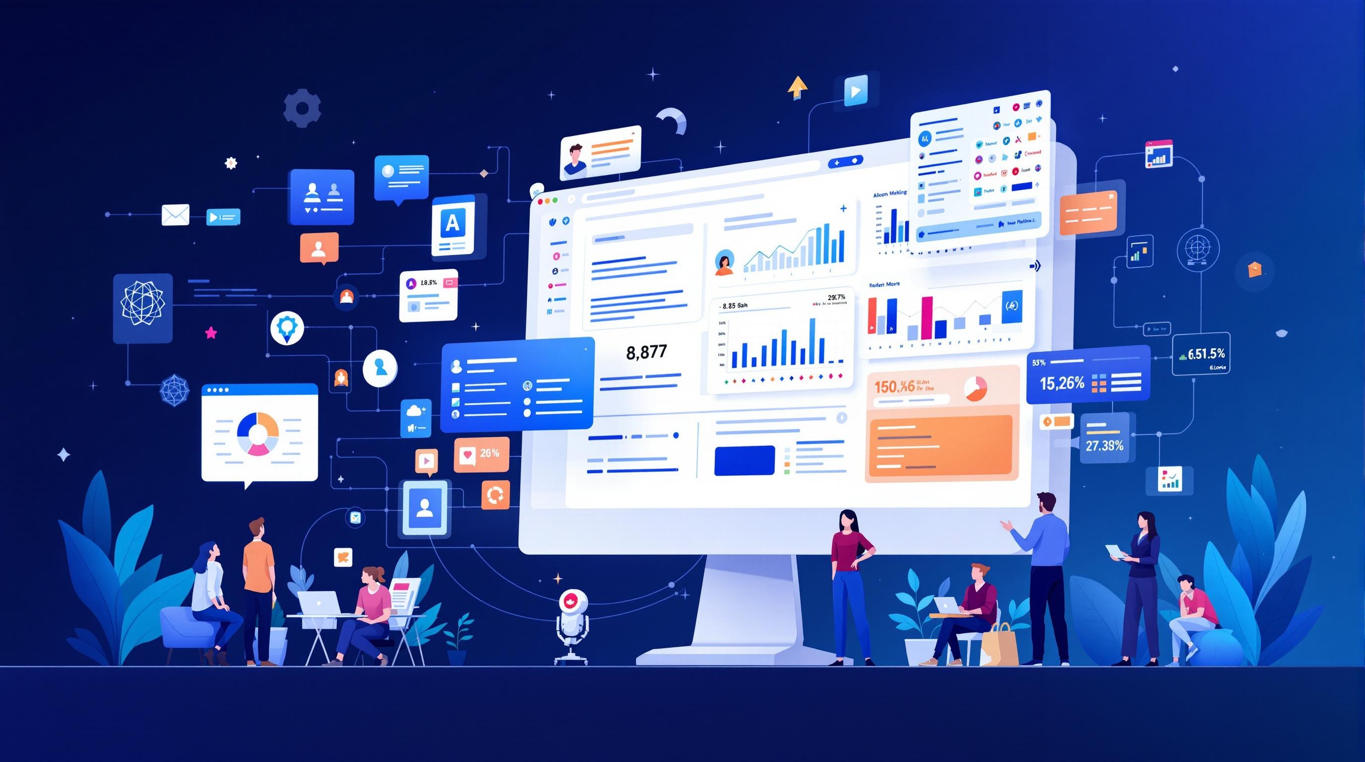 Clean, modern illustration of interconnected digital tools and interfaces representing prompt engineering features like templates, collaboration, and analytics, with abstract AI elements and diverse professionals, 16:9 aspect ratio