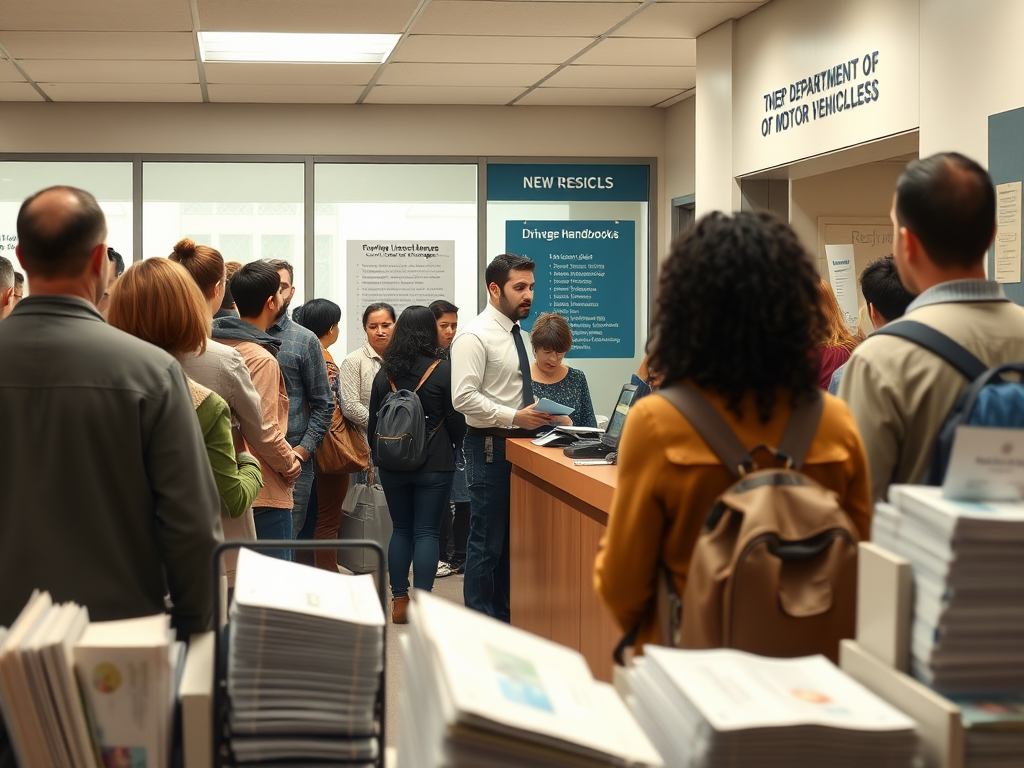 Create a realistic image of a Department of Motor Vehicles (DMV) office interior with a diverse group of people waiting in line, a white male DMV employee assisting a black female customer at a counter, visible signs for "Foreign License Exchange" and "New Residents," and a rack of driver's handbooks and forms in the foreground.