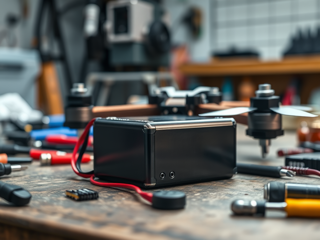 Create a realistic image of a small, sleek lithium polymer battery pack suitable for a DIY drone, placed on a workbench with various electronic components and tools scattered around it, with a partially assembled drone frame visible in the background, all under bright workshop lighting to highlight the technical details.