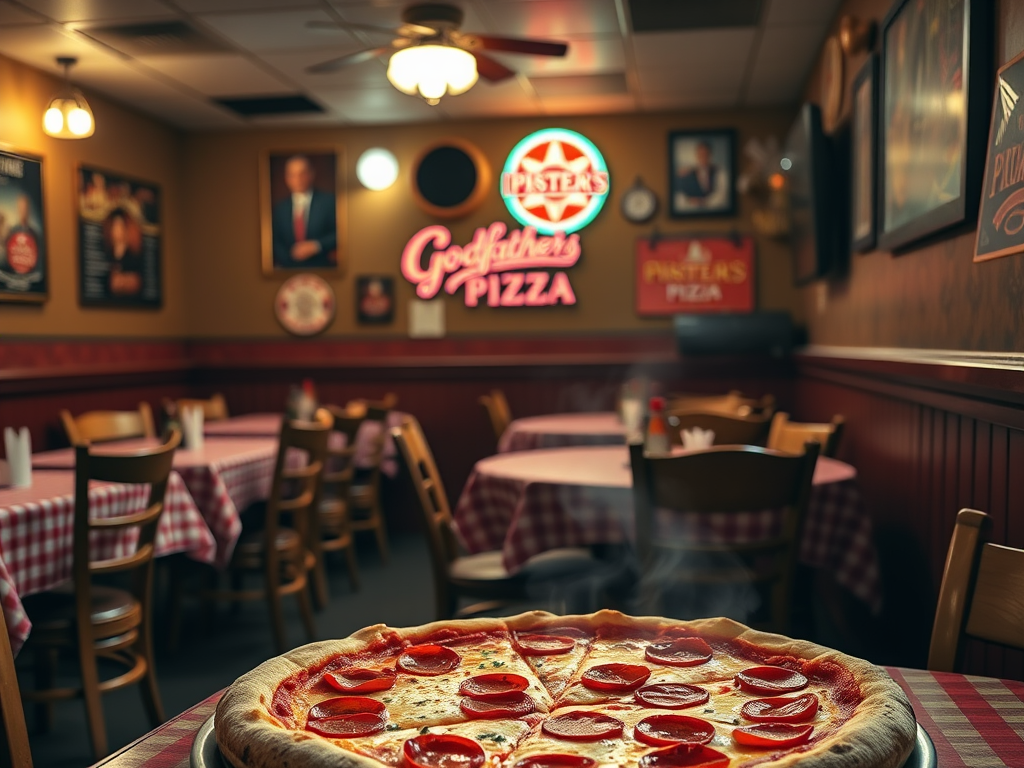 Create a realistic image of a cozy, dimly lit Godfather's Pizza restaurant interior in West Point, GA, with red checkered tablecloths, wooden chairs, and pizza-themed wall decor. A steaming, freshly-baked pepperoni pizza sits prominently on a table in the foreground, with a Godfather's Pizza logo visible on a menu or sign in the background.