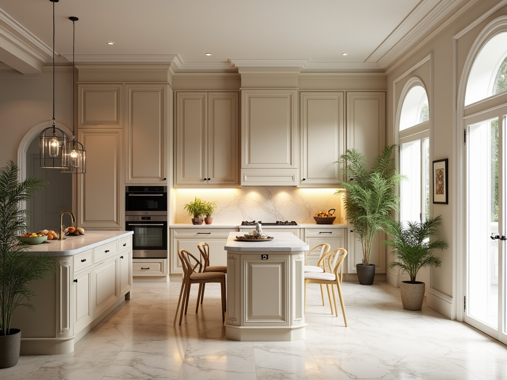 Elegant Sunlit Greige Kitchens with Marble Countertops