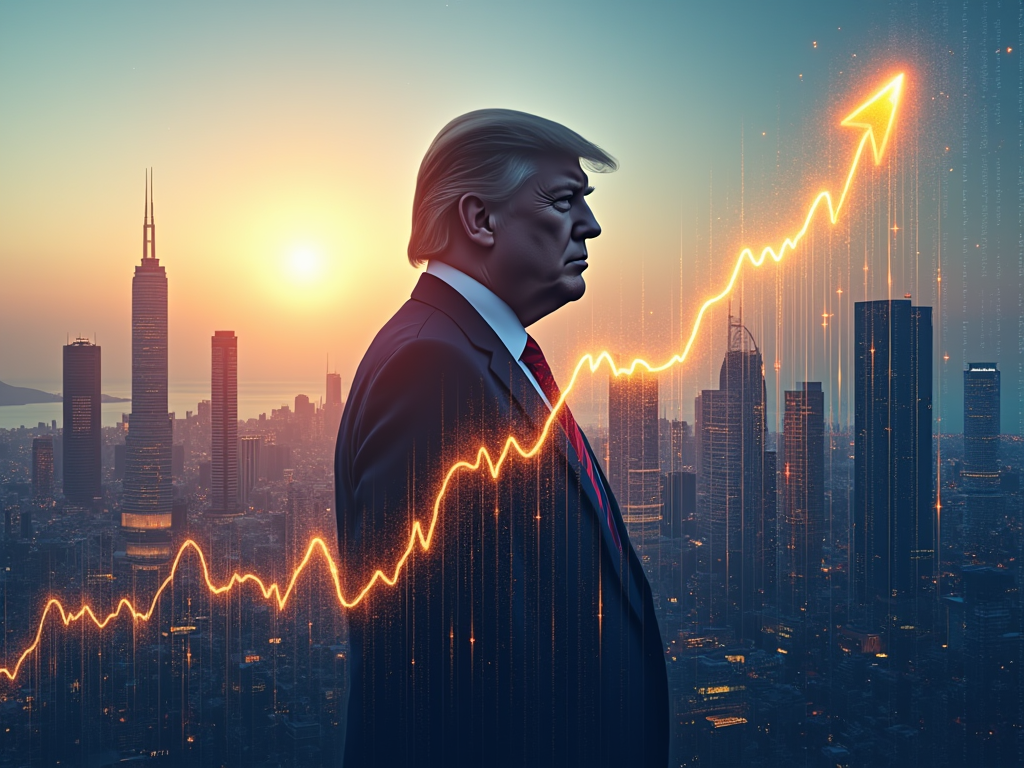 Imagine a dynamic and symbolic cover image for a paper analyzing market volatility post-Trump election. The central visual is a large, vibrant graph with fluctuating lines representing the stock market and cryptocurrency trends. The graph's lines are bold and colorful, with the stock market in a rising pattern colored in corporate blue and the cryptocurrency line, particularly Bitcoin, soaring dramatically in digital gold. In the background, a silhouette of Donald Trump looms large, subtly integrated into the skyline of a bustling city filled with skyscrapers symbolizing financial districts. The city is bathed in the glow of dawn, suggesting new beginnings and uncertainties. The overall mood is one of cautious optimism mixed with the tension of unpredictability. The artistic style is a blend of digital art and realism, with a focus on sharp, clear lines and a futuristic look. The color palette consists of deep blues, gold, and hints of gray to reflect both the corporate world and the innovative spirit of cryptocurrencies. This image should evoke a sense of movement and change, highlighting the pivotal role of political events in shaping economic landscapes.