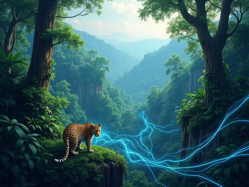 Imagine a vivid and intricate digital painting for a paper cover, showcasing a harmonious blend of nature and advanced technology. The central focus is a lush, vibrant rainforest viewed from an aerial perspective. Integrate a network of subtle, glowing, neon blue lines representing AI and data streams that weave through the trees, symbolizing the integration of technology in nature conservation. In the foreground, a detailed, realistic depiction of a jaguar, a symbol of endangered species, is being digitally scanned by a soft, holographic light, illustrating AI's role in species identification. The background features a distant, misty horizon where the forest meets the sky, hinting at expansive, untouched natural habitats. The color palette includes deep greens and earth tones for the forest, contrasted with bright blue and white for the technological elements, creating a futuristic yet earthy feel. The artistic style melds photorealism with elements of digital art, emphasizing sharp, clear details in the wildlife and a smoother, more ethereal quality in the tech aspects. The mood is awe-inspiring and hopeful, capturing the potential of AI to support environmental sustainability.
