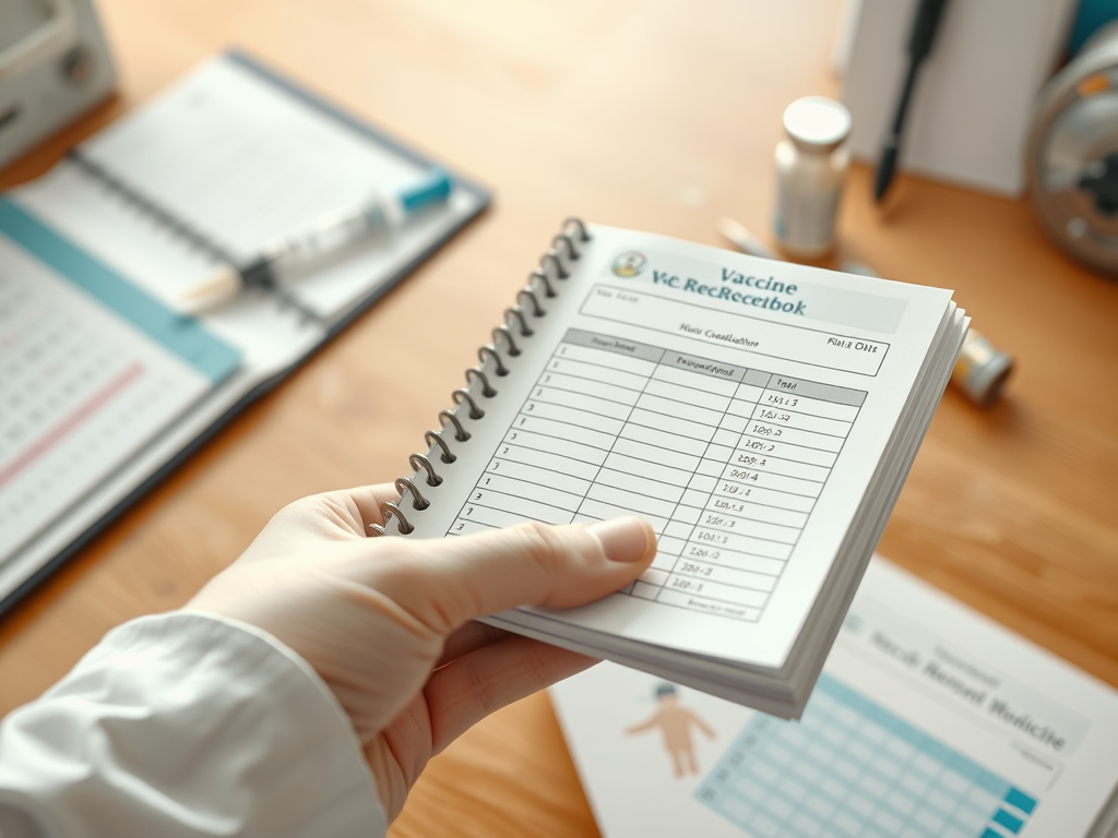 Create a realistic image of a close-up view of a white hand holding a colorful vaccine record booklet, with a syringe and vial of vaccine visible in the background on a doctor's desk. The booklet should be open, showing neatly filled-out vaccination details and dates. Soft, warm lighting emphasizes the importance of record-keeping.