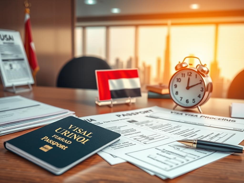 Create a realistic image of an office desk with UAE visa application forms, a passport, and a clock showing time passing, symbolizing the visa processing period. Include a UAE flag and a miniature skyline of Dubai in the background. The lighting should be warm and professional, creating a sense of importance and official procedure.