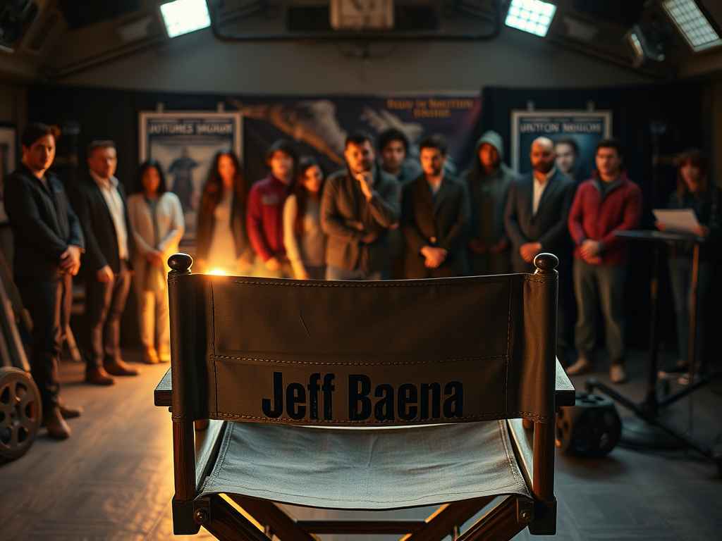 Create a realistic image of a film director's chair with "Jeff Baena" written on it, placed in the foreground of a dimly lit movie set. Behind the chair, a diverse group of actors and crew members are gathered, looking somber yet determined. In the background, movie posters and film reels are visible, symbolizing Baena's contributions to independent cinema. The overall atmosphere is melancholic but respectful, with warm, soft lighting.
