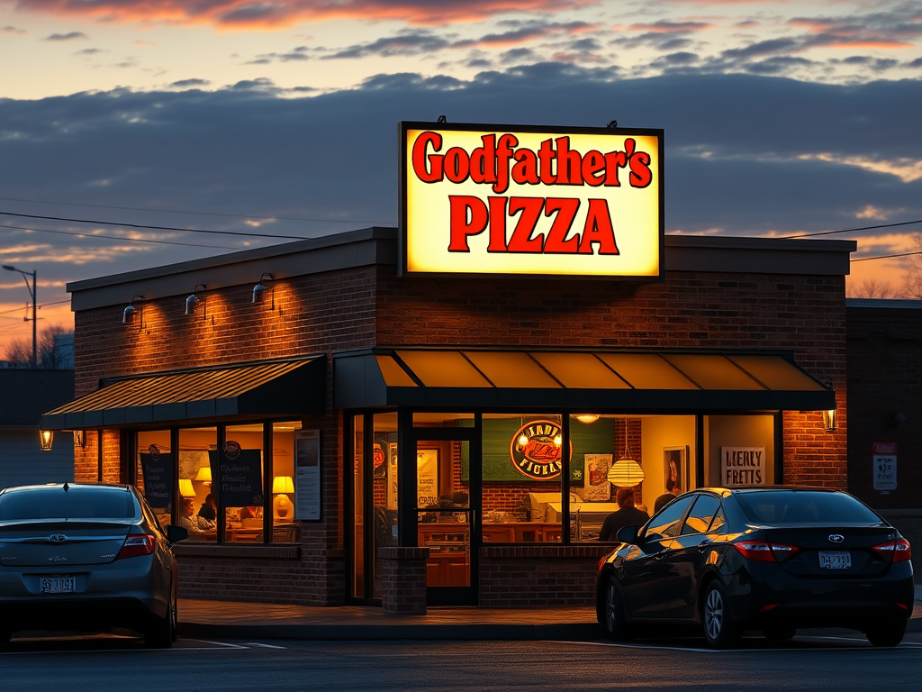 Create a realistic image of a cozy, well-lit Godfather's Pizza restaurant exterior in West Point, GA, with a prominent sign displaying "Godfather's Pizza" in red lettering, a brick facade, large windows showing diners inside, and a few cars parked in front during sunset, capturing the welcoming atmosphere of a local pizzeria.