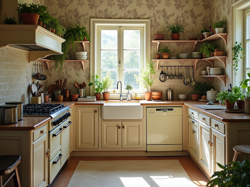 Chic French Provincial Kitchen with Toile Wallpaper