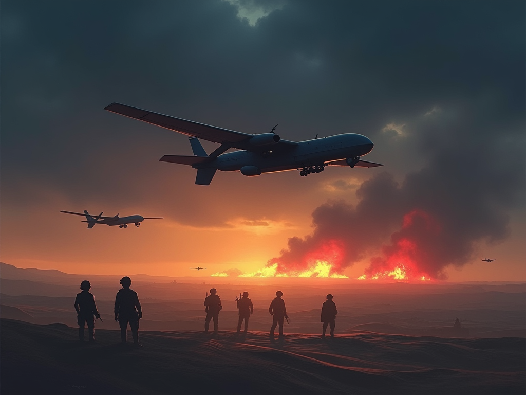 Visualize a tense geopolitical landscape on the brink of escalation. The cover image features a dark, ominous sky over a stylized Middle Eastern desert landscape at twilight, symbolizing uncertainty and the brewing storm of conflict. In the foreground, the silhouettes of military drones hover ominously, representing the looming threat of technological warfare. The background shows distant explosions, illuminating the horizon in fiery orange and red tones, suggesting recent airstrikes. Subtle shadows of soldiers, barely visible, are positioned in strategic formations, hinting at readiness and strategic maneuvers. The color palette consists of deep blues and purples for the sky, blending into the sandy yellows and browns of the desert, with vibrant orange and red accents for explosions. The artistic style merges realism with digital painting, creating a surreal yet threatening atmosphere. The lighting is dim with focused highlights emanating from explosions and drones, enhancing the visual depth and the overall mood of impending danger and strategic defense.