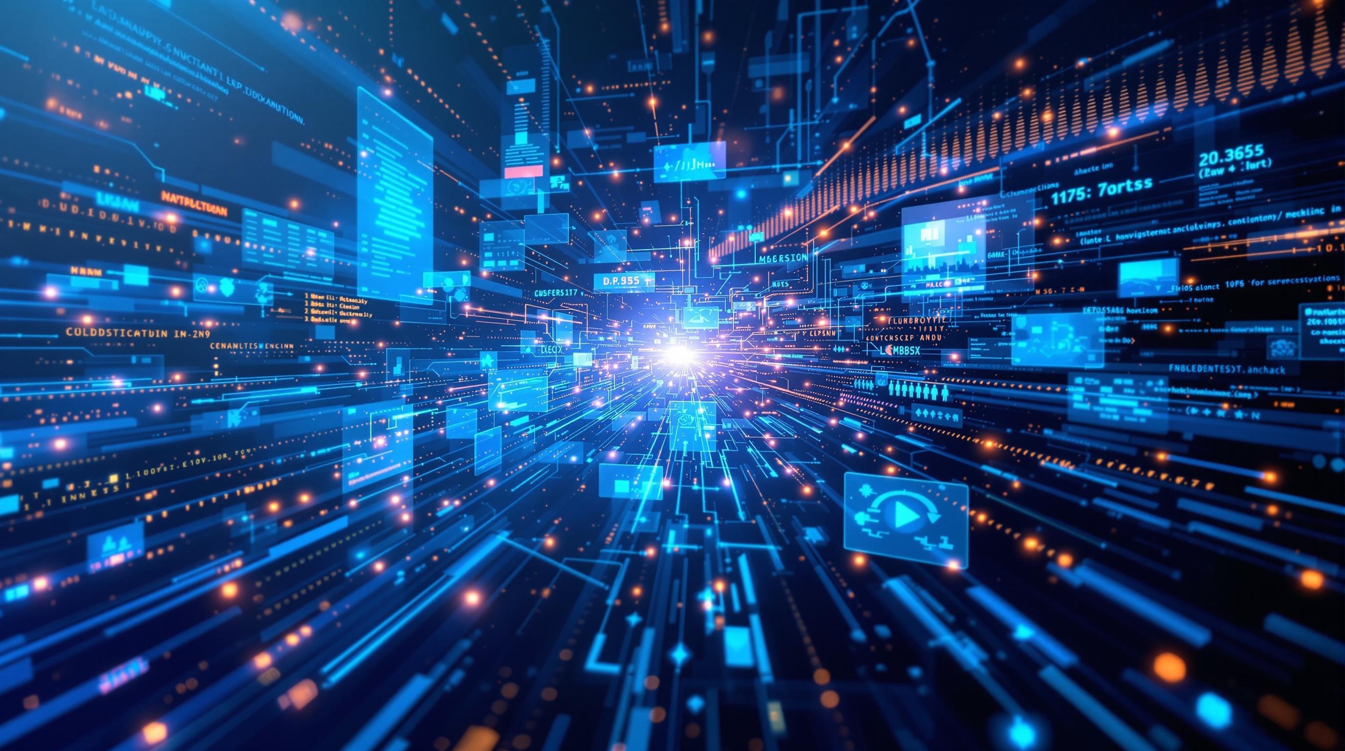 Futuristic neural network architecture visualizing the fusion of images, text, and audio data streams, interconnected nodes and pathways, dynamic digital layers, clean tech aesthetic, professional composition, 16:9 aspect ratio