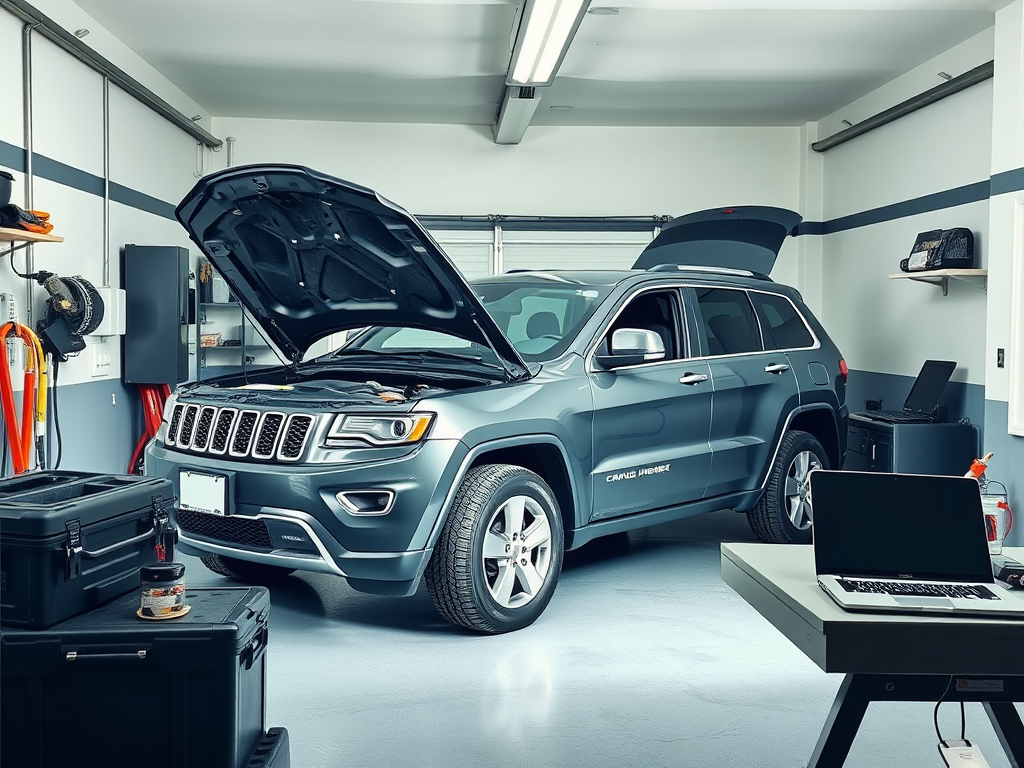 Create a realistic image of a clean, organized garage workspace with a Jeep Grand Cherokee parked inside, its hood open. A toolbox, diagnostic scanner, and laptop are visible on a nearby workbench. The lighting is bright and even, highlighting the car's engine bay and the prepared tools.