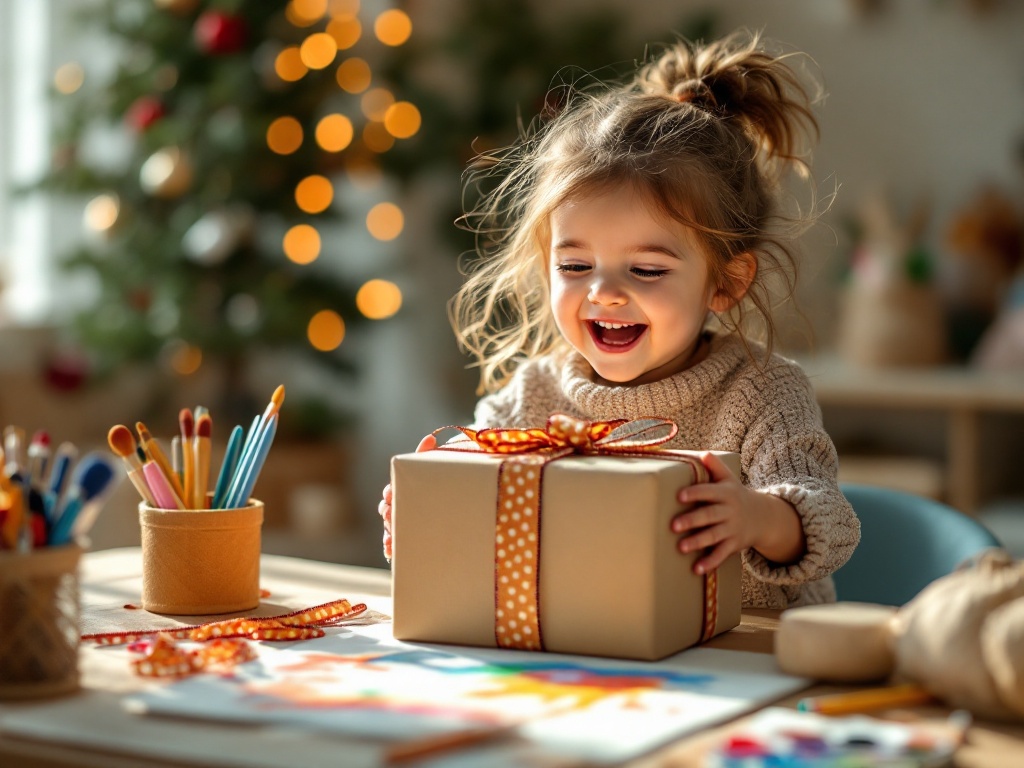 A photorealistic shot capturing a young girl's delighted expression as she unwraps a gift, revealing a colorful art set with paints, brushes, and a canvas. The scene is filled with warm, natural light, emphasizing the joy and excitement on the child's face.