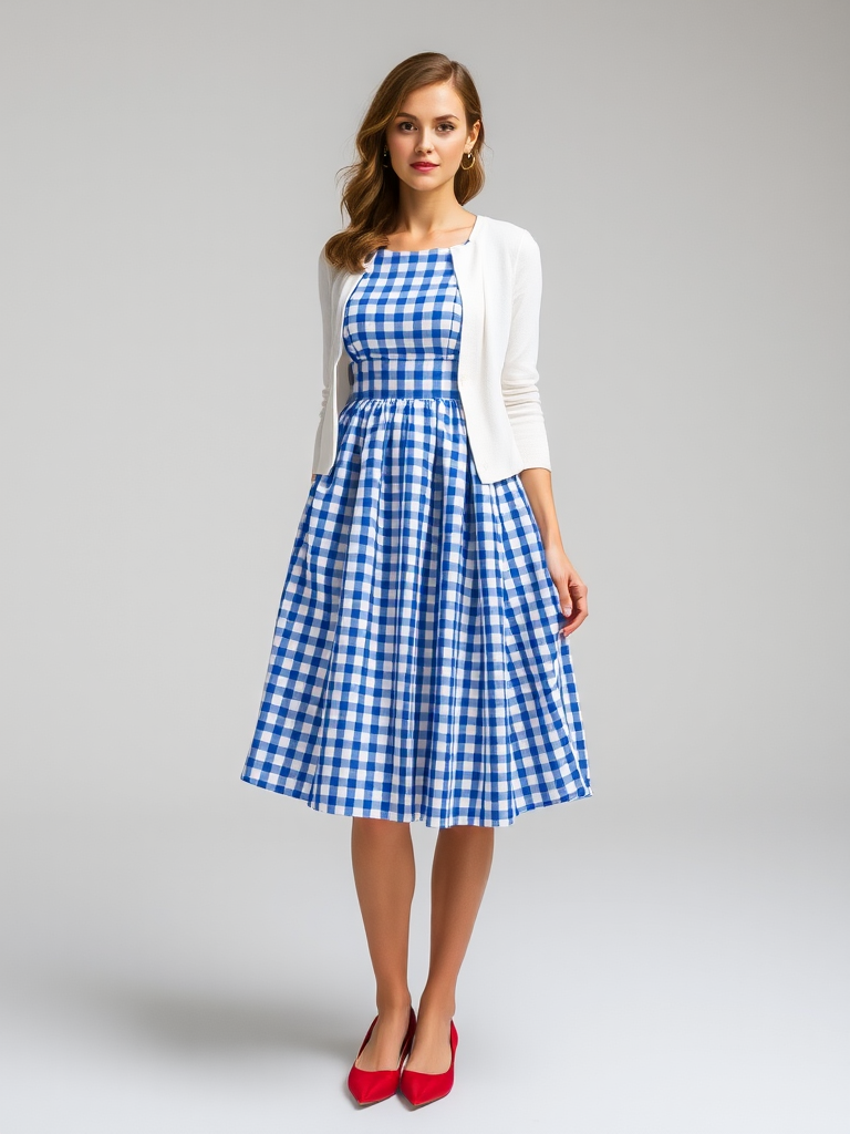 Woman in preppy gingham dress outfit