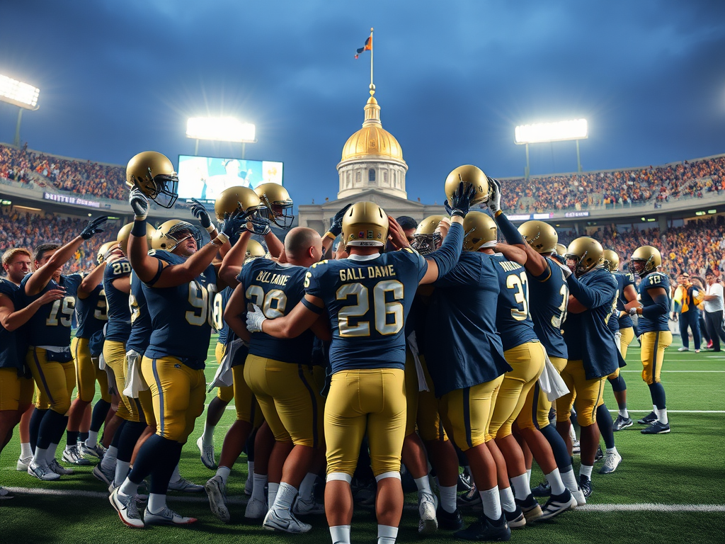 Create a realistic image of a triumphant Notre Dame football team celebrating on the field after winning the Sugar Bowl, with players and coaches hugging and raising their helmets, the golden dome of Notre Dame visible in the background, and a scoreboard showing Notre Dame's victory, all under bright stadium lights.