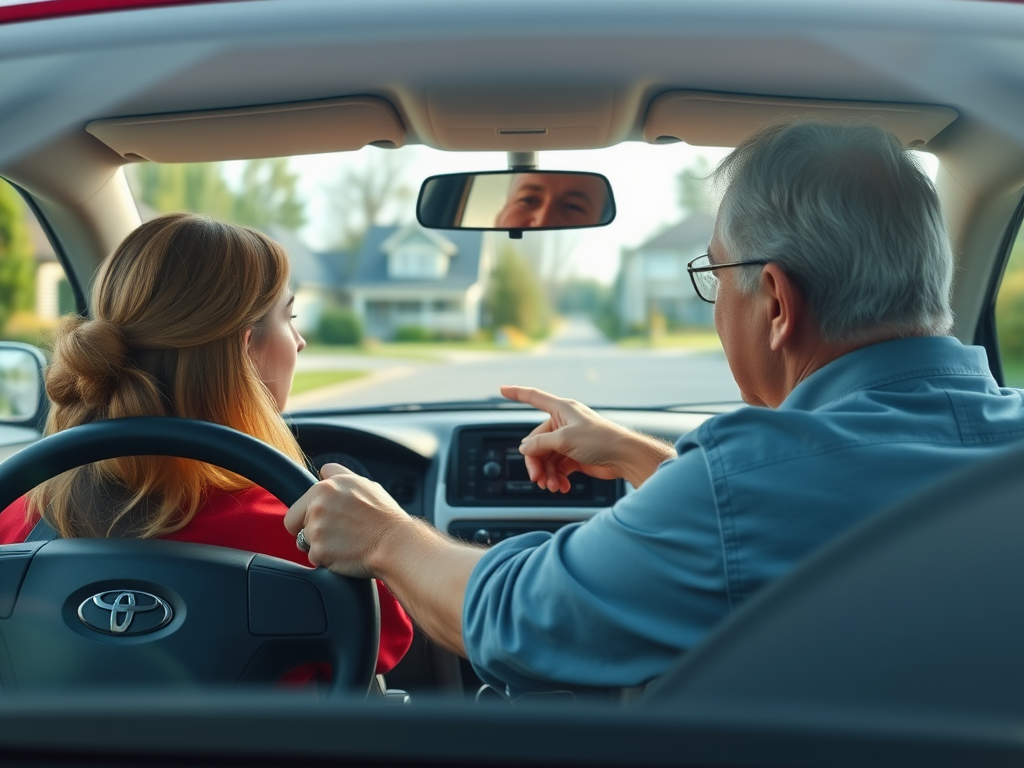 Create a realistic image of a teenage white female driver gripping the steering wheel of a car, with an older white male instructor in the passenger seat pointing at something ahead. The car interior is visible, including dashboard and rearview mirror. Through the windshield, a suburban street with houses and trees can be seen. The lighting suggests daytime, and both individuals appear focused and attentive.