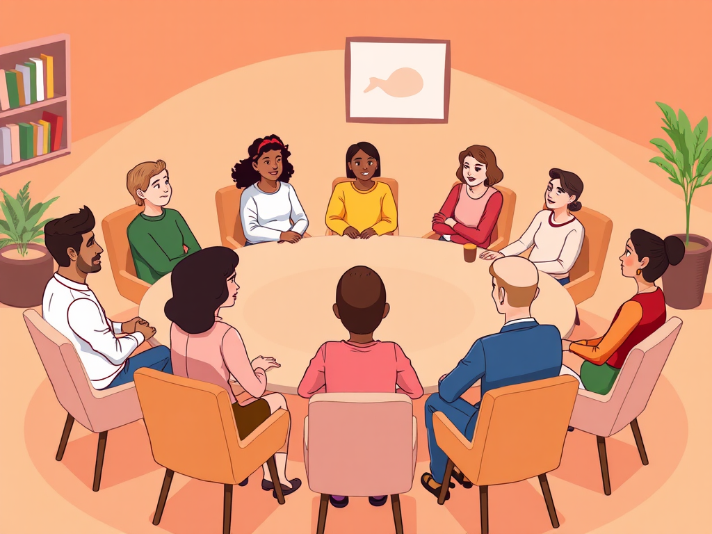 Group therapy sat on chairs around table cartoon no words adults 