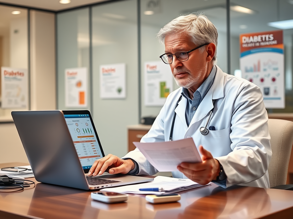 Create a realistic image of a middle-aged white male doctor in a white coat sitting at a desk, examining medical charts and test results, with a laptop displaying diabetes management software, and a glucometer on the desk. The background shows a modern medical office with posters about diabetes risk factors and treatment options visible on the wall.