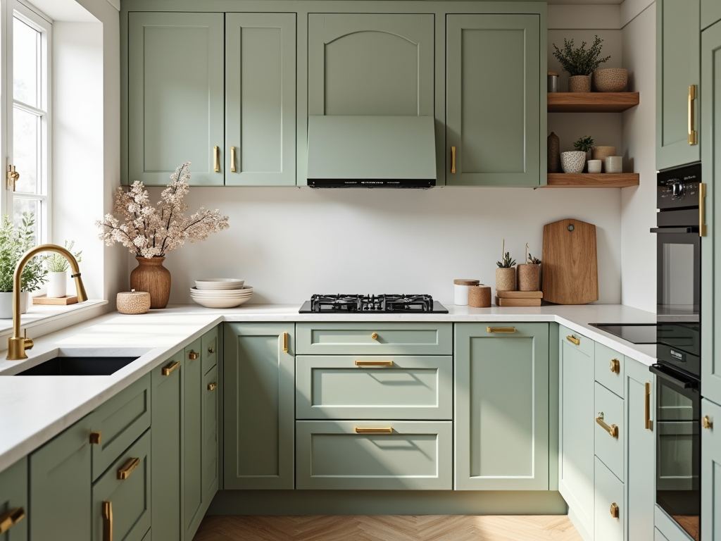 Chic Sage Green Cabinets with Brass Hardware for a Scandinavian Touch