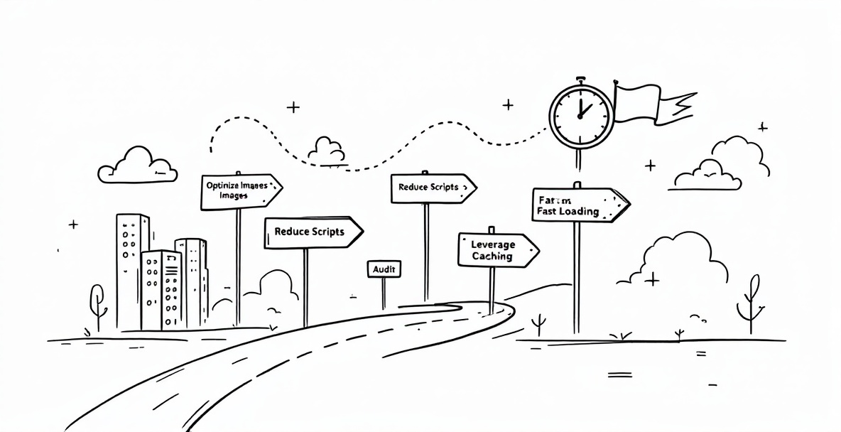 Minimalist roadmap sketch showing website speed optimization steps from Audit to Fast Loading with performance metrics