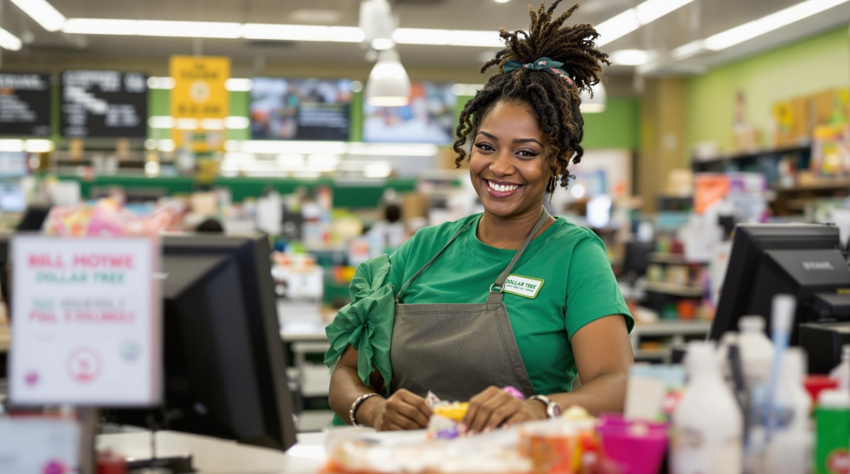 Friendly Cashier at Dollar Tree An ultra realistic photo of a cashier at Dollar Tree, showcasing a diverse individual in their workplace. The cashier is smiling and interacting with customers in a genuine and friendly manner.