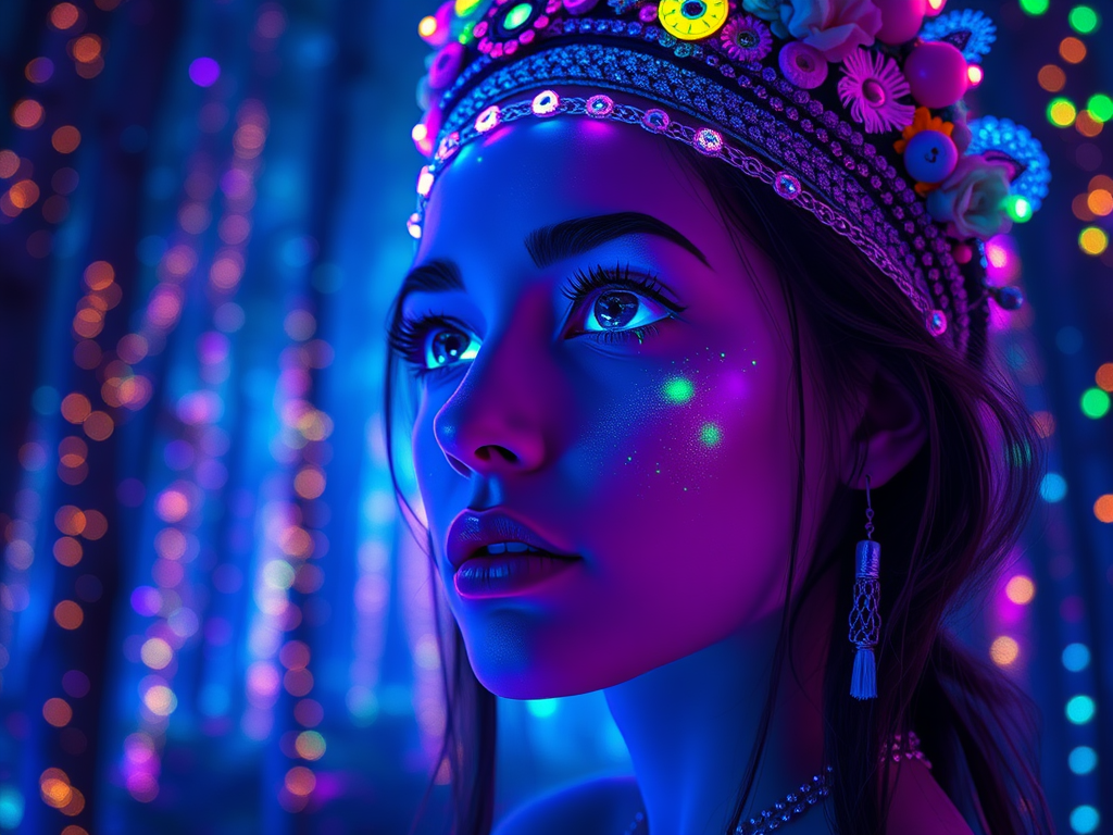 portrait | wide angle shot of eyes off to one side of frame, lucid dream-like woman, looking off in distance ::8 style | daydreampunk with glowing skin and eyes, styled in headdress, beautiful, she is dripping in neon lights, very colorful blue, green, purple, bioluminescent, glowing ::8 background | forest, vivid neon wonderland, particles, blue, green, purple ::7 parameters | rule of thirds, golden ratio, assymetric composition, hyper- maximalist, octane render, photorealism, cinematic realism, unreal engine, 8k ::7 --ar 16:9 --s 1000