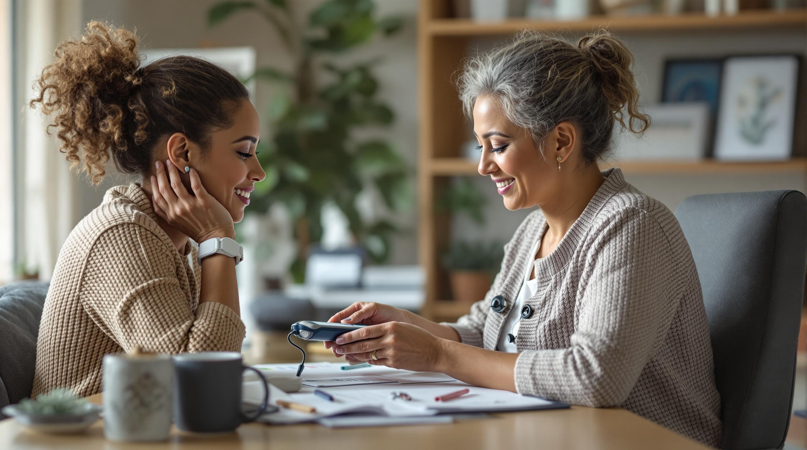 Home Health Aide Checking Vital Signs of Elderly Client A home health aide sitting next to an elderly client, gently checking the client's vital signs with a stethoscope and blood pressure cuff.