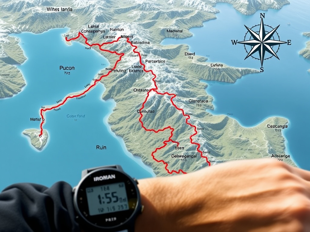 Create a realistic image of a detailed topographical map of the Pucon IRONMAN 70.3 course, showing the swim route in Lake Villarrica, the hilly bike course through the Andes foothills, and the run course along the lakeshore, with elevation profiles and key landmarks highlighted, a compass rose in the corner, and a triathlete's GPS watch displaying course data in the foreground.