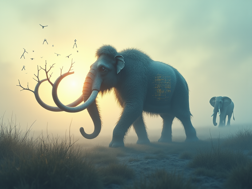 Imagine a surrealistic and vividly detailed cover image for the paper titled 'Reviving the Past: The Role of CRISPR and AI in De-Extinction and Its Implications'. The central focus of the image is a woolly mammoth, partially transparent, symbolizing its revival from extinction through CRISPR technology. This mammoth is depicted walking through a misty, ethereal landscape that merges elements of ancient icy tundras with modern grasslands, indicating the blending of past habitats with current ecosystems. Surrounding the mammoth are floating digital and DNA motifs, representing the AI and genetic engineering aspects. In the background, a faint silhouette of an Asian elephant is visible, symbolizing the genetic link and the role of living species in de-extinction efforts. The scene is illuminated by a soft, dawn-like light, casting gentle hues of amber and blue, suggesting hope and the dawn of a new era in conservation. The overall mood is contemplative and awe-inspiring, with a touch of mysticism. Artistic style is a blend of digital art and classic painting, providing a modern yet timeless feel. This image should not only capture the essence of technological advancement but also evoke questions about the ethical and ecological themes discussed in the paper.