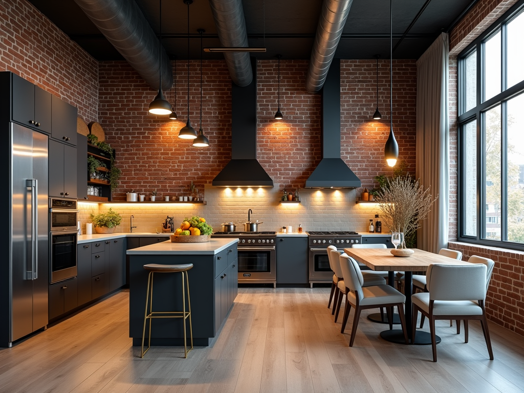 Stylish Urban Loft Kitchen with Exposed Brick Wall