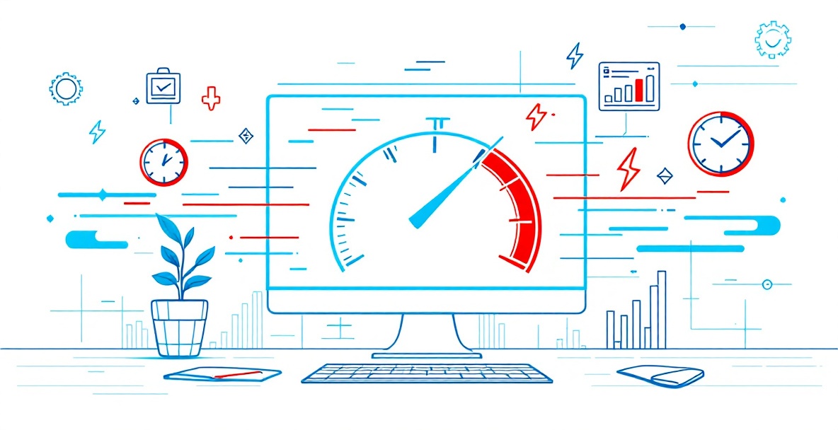 Minimalist sketch of a digital stopwatch surrounded by testing tools icons with blue accents showing speed and efficiency