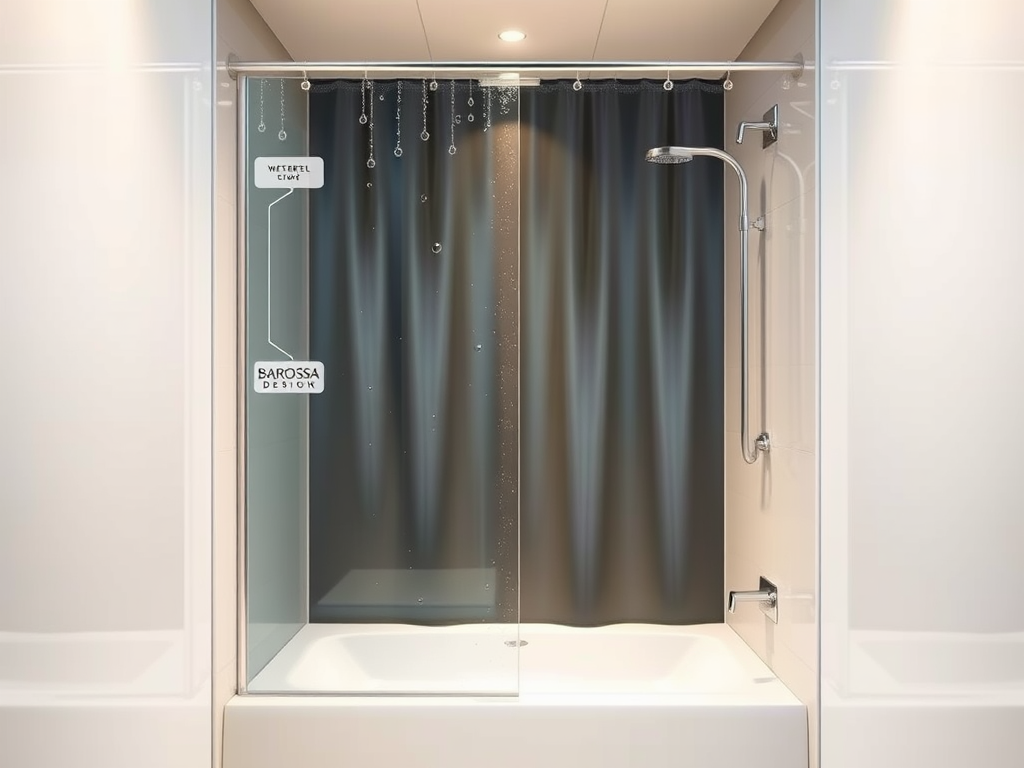 Create a realistic image of a clean, modern bathroom with a sleek shower stall featuring a high-quality, transparent shower curtain. The curtain should have visible water-repellent properties, with water droplets beading on its surface. A subtle Barossa Design logo should be visible in the corner of the curtain. Soft, warm lighting illuminates the scene, emphasizing the curtain's clarity and quality. The overall atmosphere should convey safety, cleanliness, and trust.