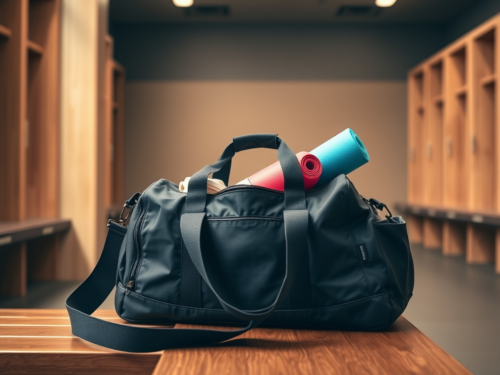 Create a realistic image of a stylish gym bag with a built-in yoga mat holder, placed on a wooden bench in a bright, modern gym locker room. The bag is open, revealing neatly organized fitness essentials. A rolled-up yoga mat is securely attached to the side of the bag. Soft, warm lighting highlights the bag's features and practicality.