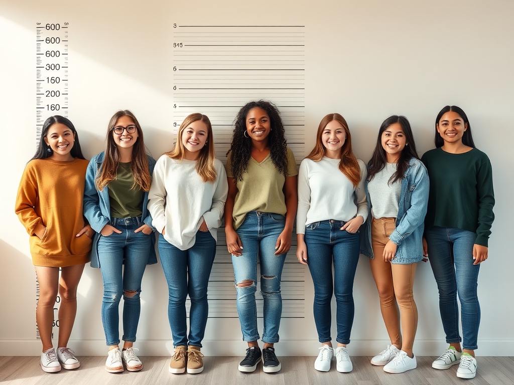 Create a realistic image of a diverse group of five teenage girls of varying heights and ethnicities, standing side by side against a height chart on a wall, smiling confidently, wearing casual clothes in a bright, well-lit room, symbolizing different stages of growth and development.