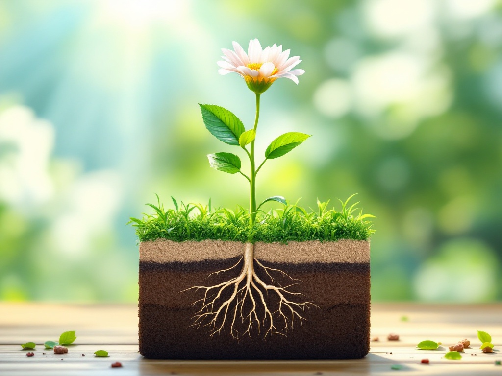 A photorealistic shot capturing a cross-section diagram of a generic flowering plant, showing roots, stem, leaves, and flower, with sunlight rays visible