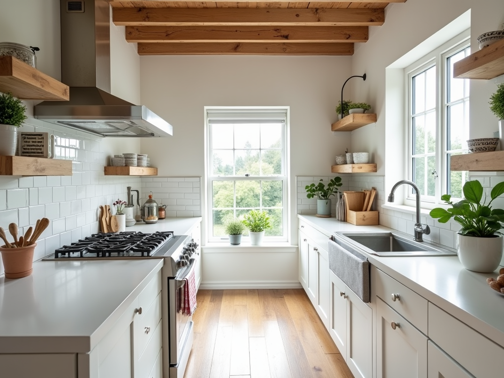 Charming Rustic Wood Beams in a Modern White Kitchen