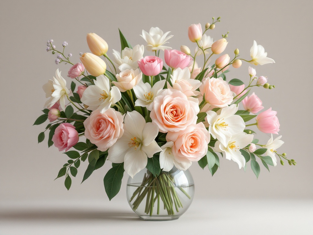 A photorealistic shot capturing an elegant floral arrangement featuring a mix of spring flowers in soft pastel colors, including tulips, roses, and orchids, arranged in a stylish vase.