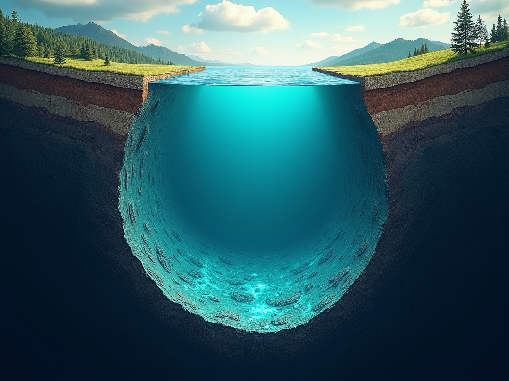 Visualize a captivating and enigmatic cover image depicting the concept of a hidden subterranean ocean beneath Earth's crust. The image should feature a vertical cross-section of Earth, with the upper half showing familiar landscapes and the lower half revealing a glowing, ethereal body of water trapped within the structure of a deep blue mineral called ringwoodite. The surface should include subtle elements like mountains, forests, and oceans to represent Earth's exterior. As the viewer's eye moves deeper, transition into a darker, more mysterious zone illustrating Earth's mantle. This zone should be illustrated in rich shades of dark blue and teal, dotted with bright specks representing seismic activities that reveal the water. The hidden ocean should emit a soft, luminescent turquoise glow, suggesting its vastness and the trapped hydroxide ions. Artistic style should be a blend of realistic textures for the Earth's surface and a more surreal, painterly approach for the underground elements. Lighting should be dramatic, with the surface lit by natural daylight and the depths illuminated from within by the glowing water. The mood should evoke a sense of wonder and profound discovery, highlighting the juxtaposition between the known world and the mysterious, unseen forces beneath. Palette should include deep blues, turquoise, earth tones, and subtle greens. This image should visually narrate the groundbreaking discovery and its implications on our understanding of Earth's water cycle and internal processes.